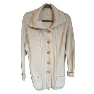 Vintage Cream Chunky Knit Shawl Collar Cardigan Sweater Button‎ Up Ivory Large
